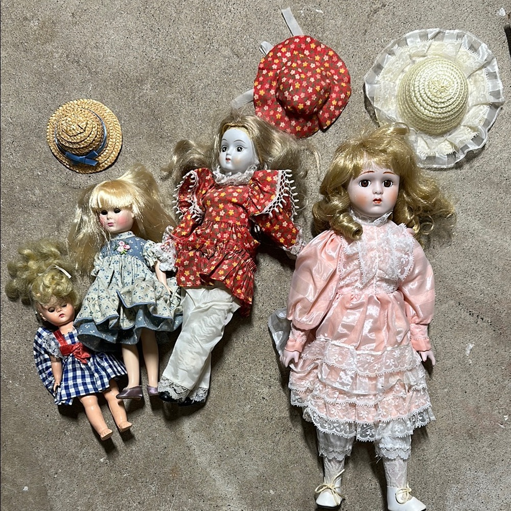 Vintage Porcelain Dolls Set with Pink and Blue Dresses - all included in price